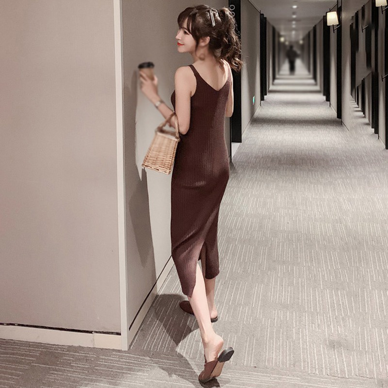 Đầm Maxi Dệt Kim Không Tay Cổ Chữ V Màu Sắc Trơn Thời Trang Dành Cho Nữ