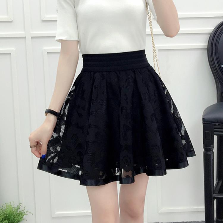 Chân váy ren lưới chữ A lưng cao màu đen thời trang cho nữ