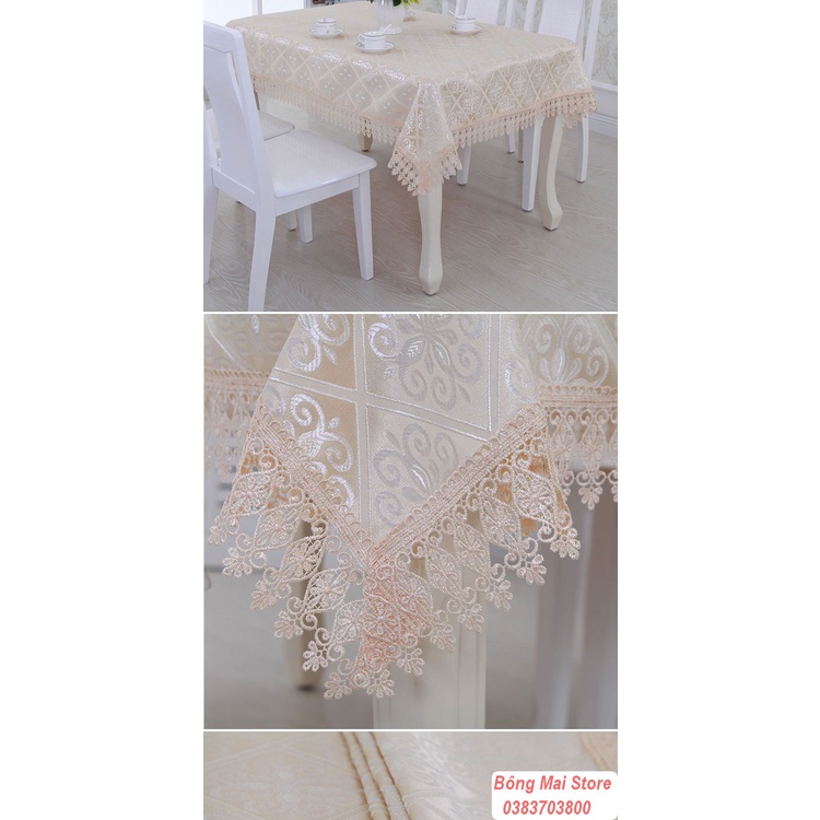 [90*150cm] Khăn trải bàn vải jacquard dệt nổi VIỀN REN màu VÀNG sang trọng thanh lịch [T043]