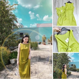 váy thô tằm xanh cốm đính nơ