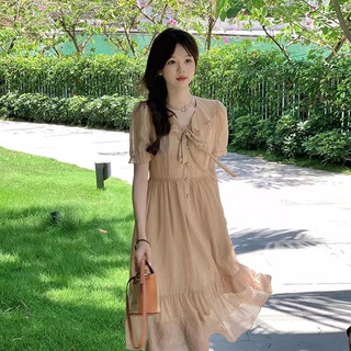 Đầm Nữ Tay Ngắn Nhấn Eo Phong Cách Pháp Thời Trang Mùa Hè Xinh Xắn