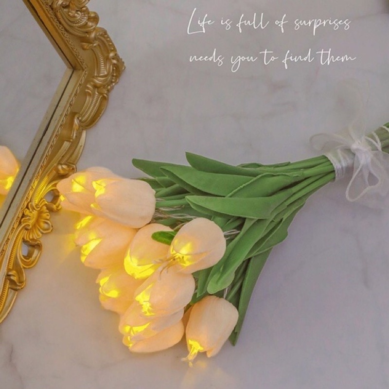 Bó 10 bông hoa tuylip đèn led phát sáng Hoa lụa giả kèm nơ xinh Decor trang trí nhà cửa, phụ kiện chụp studio