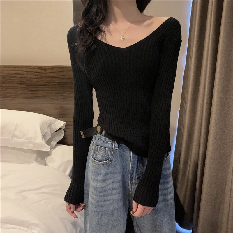 ZHELIHANGFEI Đầm Dệt Kim Tay Dài Cổ Chữ V Dáng Ôm Xẻ Tà Quyến Rũ Cho Nữ