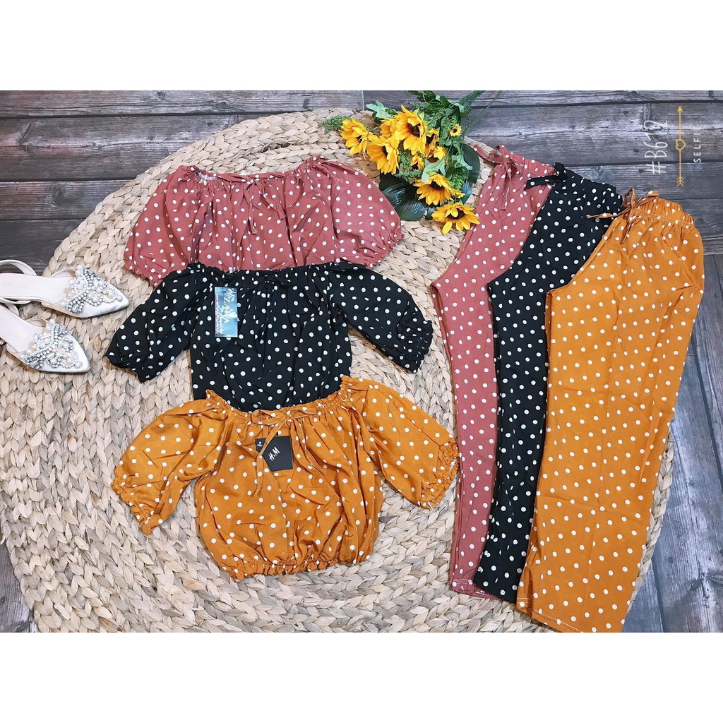 [ xả kho ] HS Set quần dài+áo trễ vai chấm bi