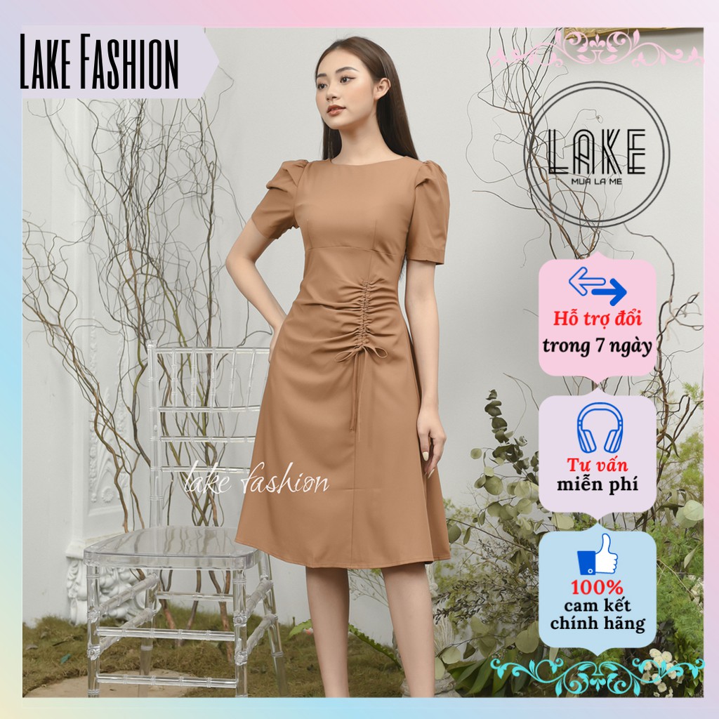 Váy, Đầm tay bồng rút eo che bụng lake fashion màu nâu