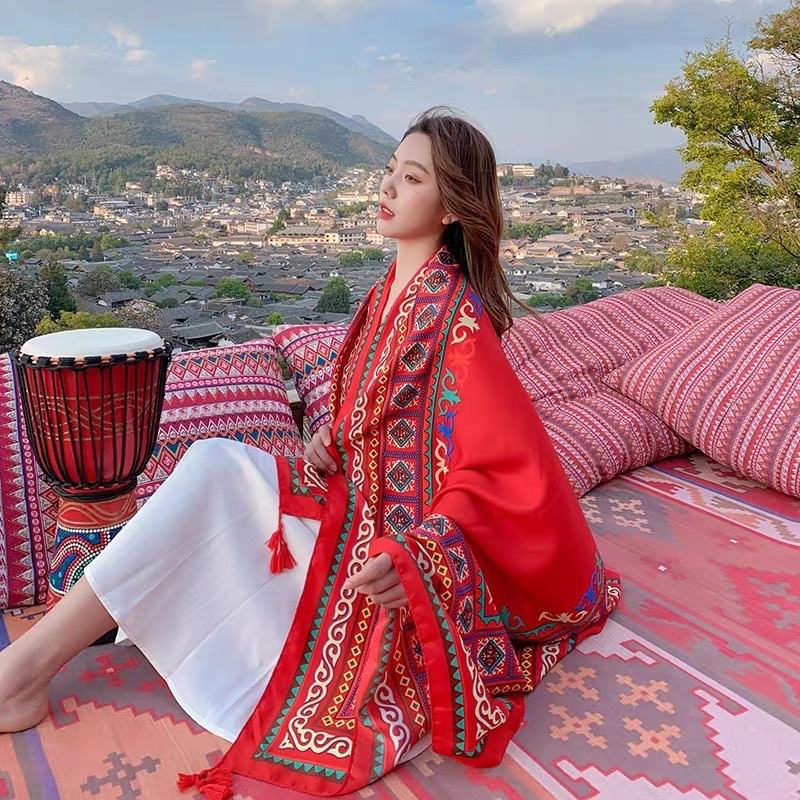 [Khăn Loại 1] Khăn Choàng Boho Đi Biển Hoạ Tiết Thổ Cẩm Nền Đỏ Rực Rỡ