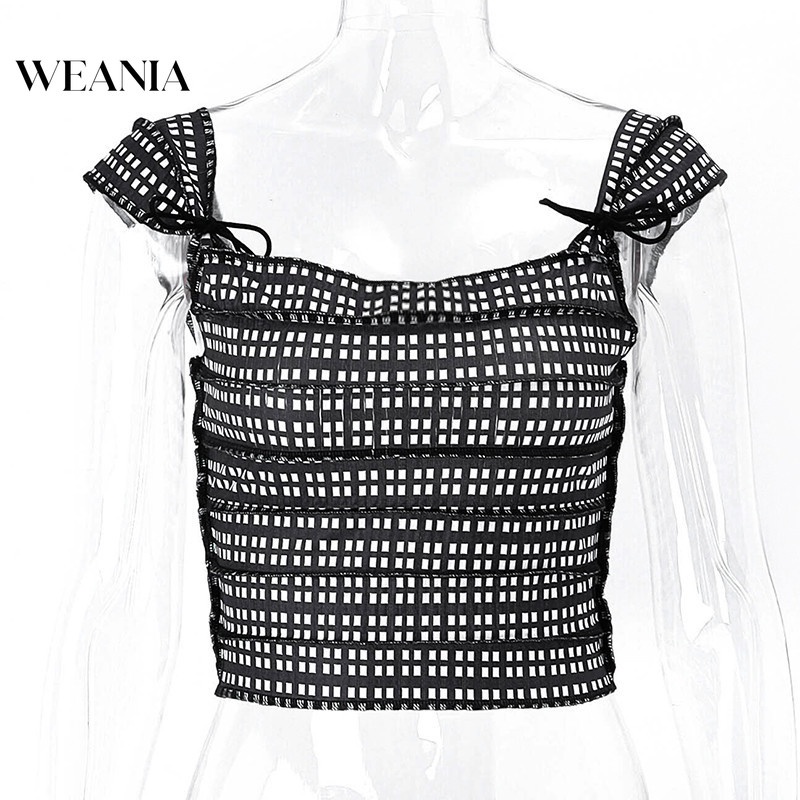 Áo tank top WEANIA hở lưng họa tiết sọc caro thời trang cho nữ