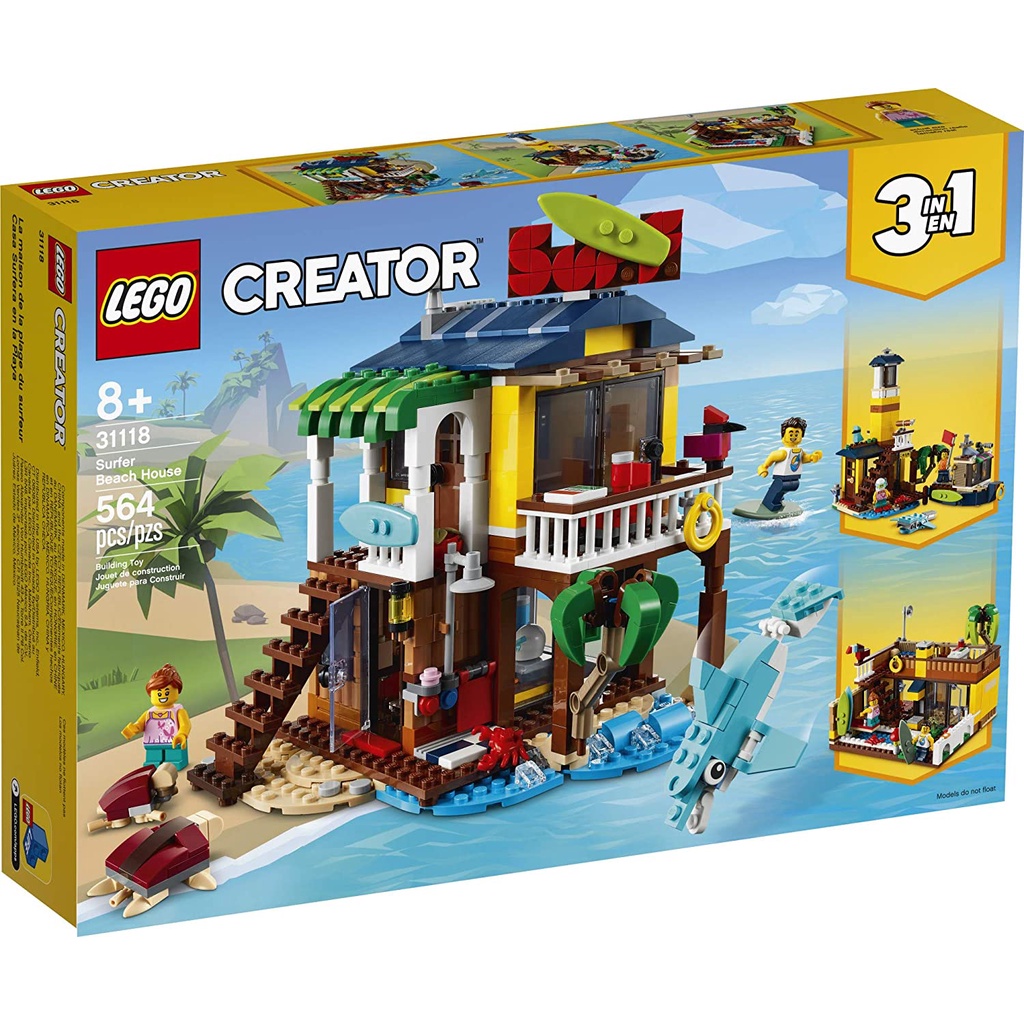 LEGO Creator 3in1 Surfer Beach House 31118 Building Kit Featuring Beach Hut and Animal Toys, Nhà lướt sóng bãi biển