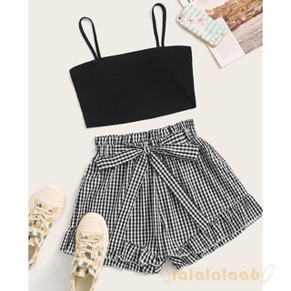 Set áo 2 dây và quần short kẻ sọc caro cho bé gái