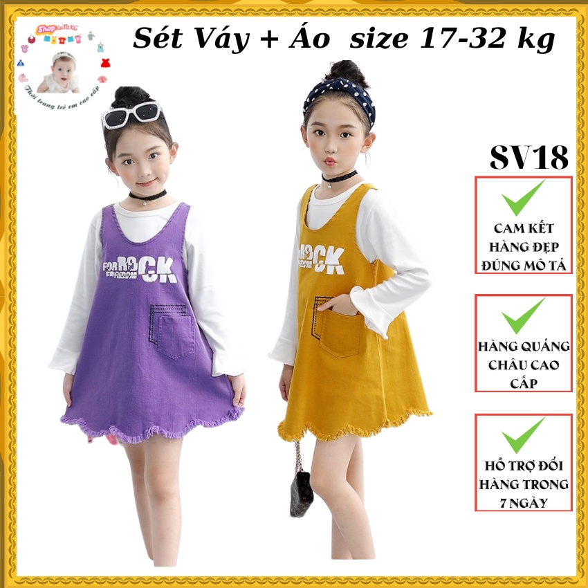 Set váy yếm bé gái chất thô đẹp tặng kèm áo trắng lỡ tay size 17-35kg [SV18]
