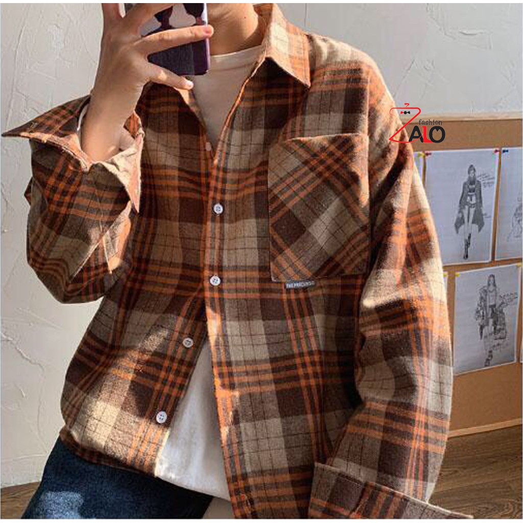 Áo Khoác Sơ Mi Flannel Caro Nâu Sữa SM06 Cá Tính Unisex | BigBuy360 - bigbuy360.vn