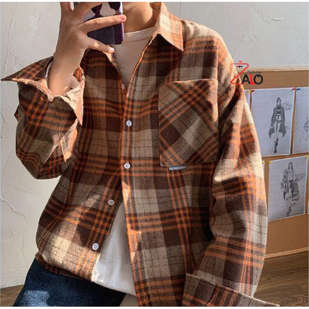 Áo Khoác Sơ Mi Flannel Caro Nâu Sữa SM06 Cá Tính Unisex