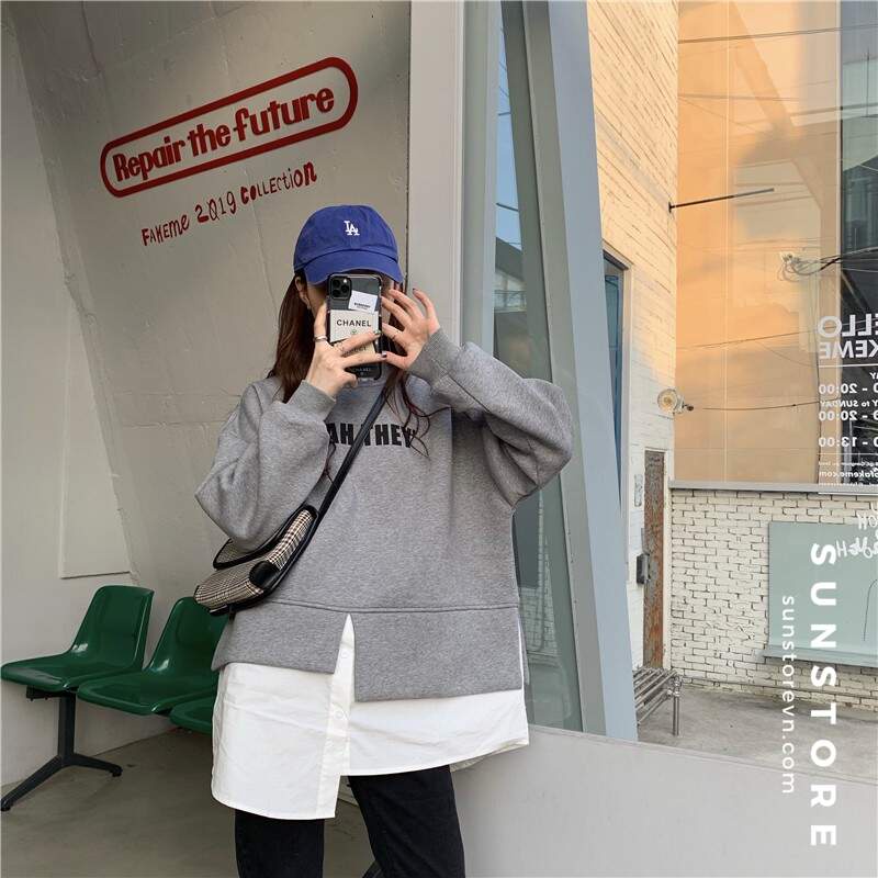 Áo sweater tay dài phối vạt trắng 2 màu đen và xám thời trang thu đông Ulzzang