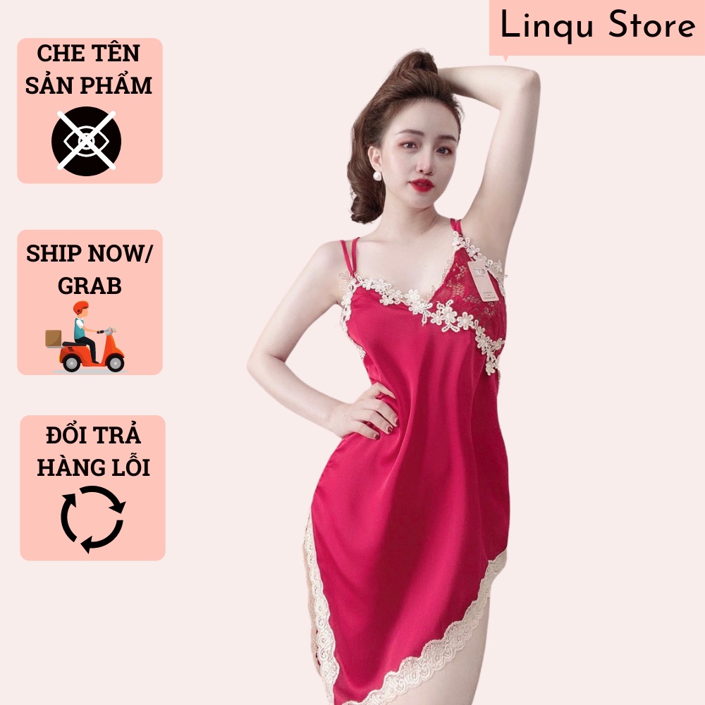 Váy Ngủ Sexy Nữ Phối Ren Hoa Vạt Xéo Cực Kì Xinh Chất Satin Mềm Mịn Freesize - Linqu Sleepwear