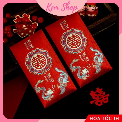 Bao lì xì chữ hỷ trao duyên họa tiết long phượng giấy nhũ cao cấp dùng cho đám cưới, ăn hỏi đại lễ - Kem Shop K286