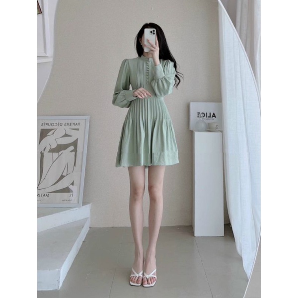 Đầm babydoll nút xếp ly Mint BT134