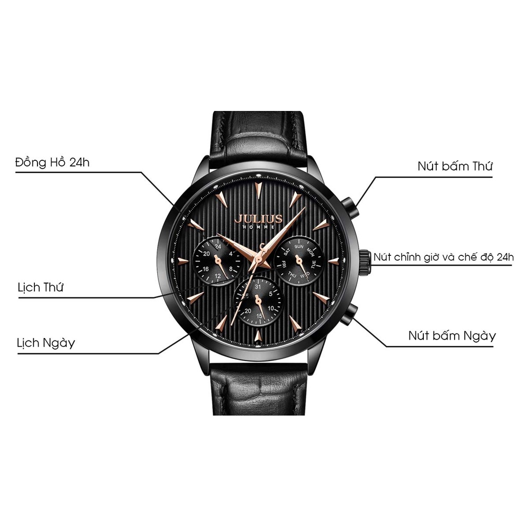 Đồng Hồ Nam JAH-107D Julius Homme Hàn Quốc Dây Da (Đen)
