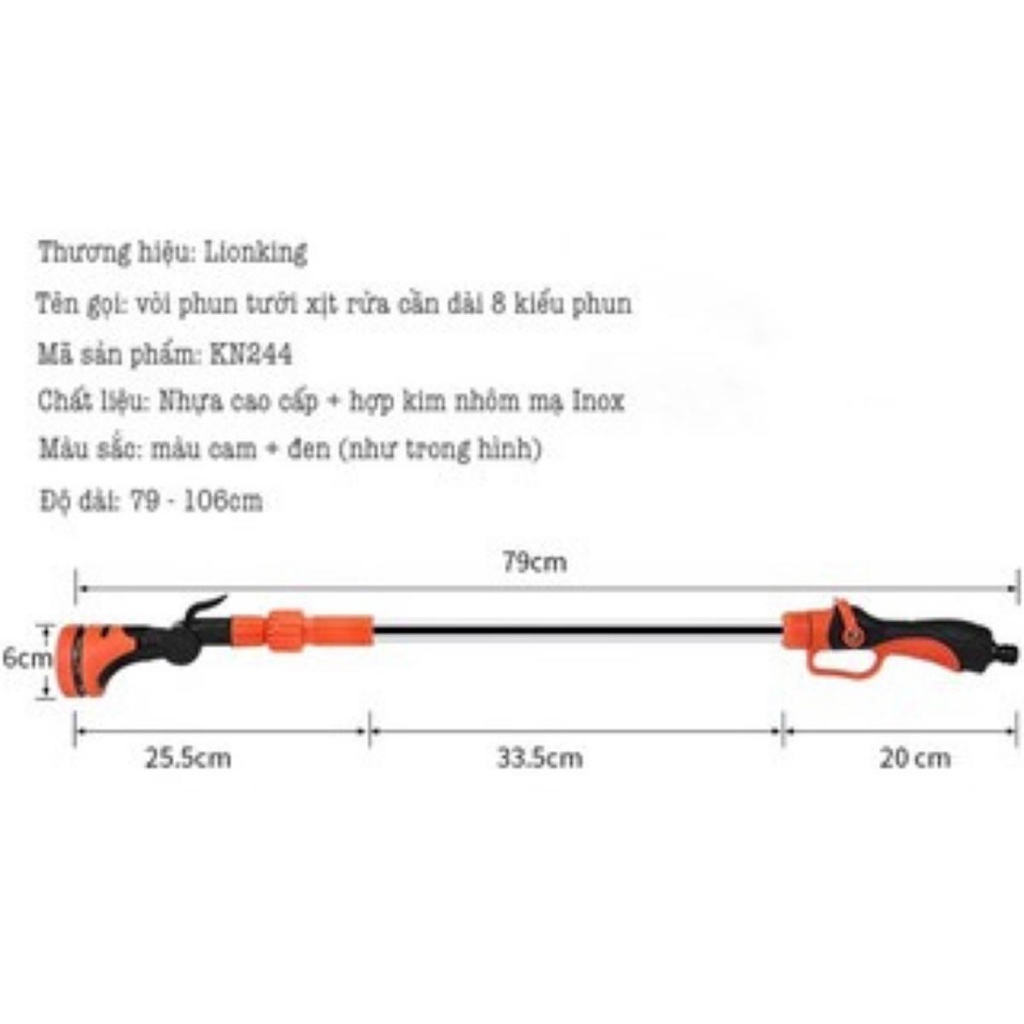 Vòi phun tưới Lionking KN244 - Cần dài 106 cm với 8 chức năng phun tưới