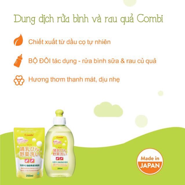 (MUA 1 TẶNG 1) DUNG DỊCH NƯỚC RỬA BÌNH SỮA VÀ RAU CỦ QUẢ TỪ DẦU CỌ COMBI