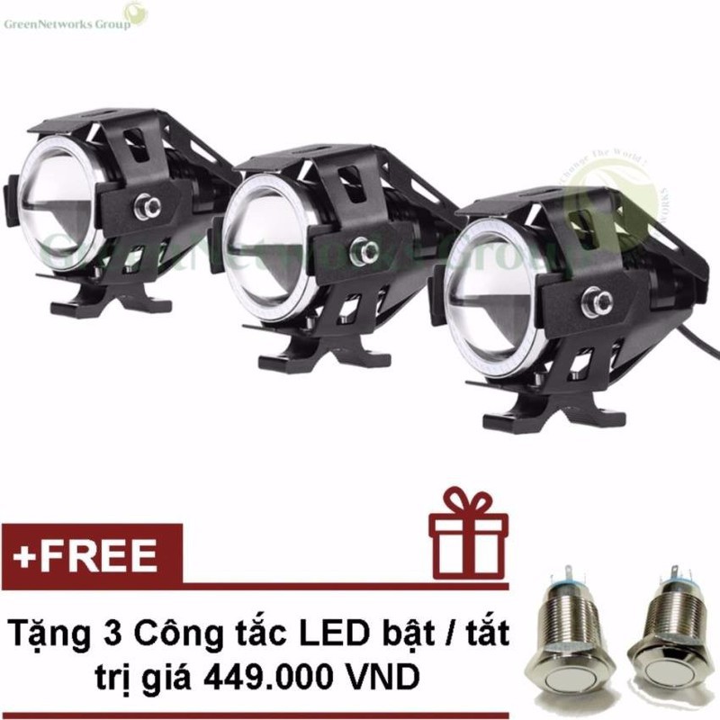 Bộ 3 đèn pha led U7 trợ sáng xe máy mô tô xanh + Tặng công tắc led