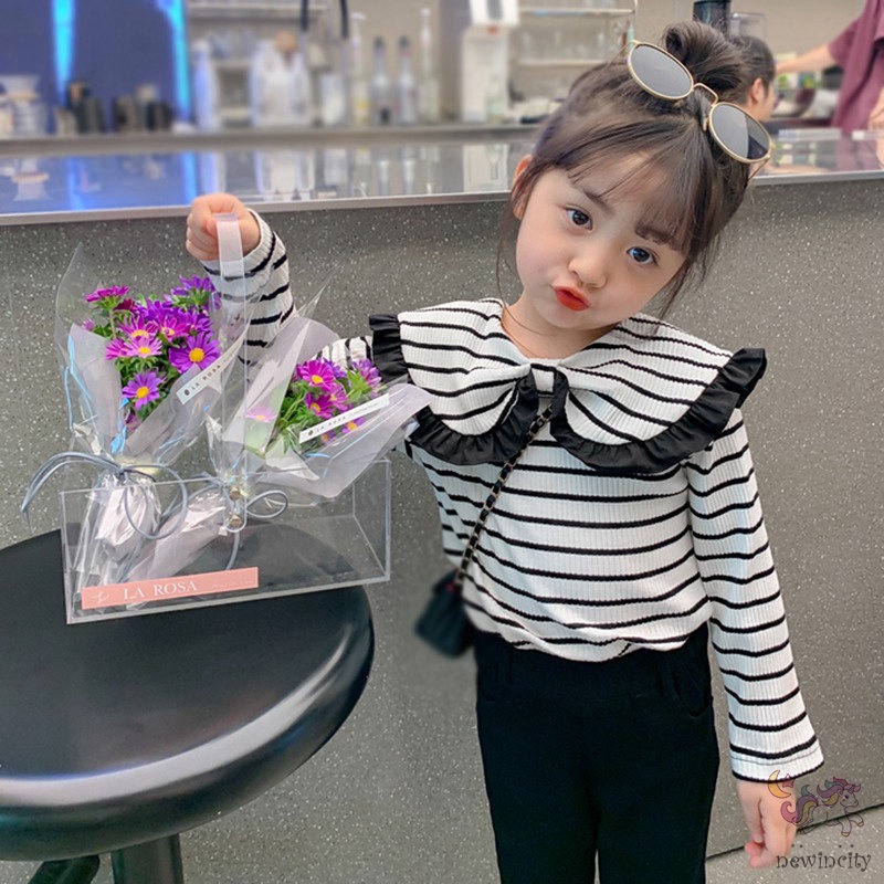 Áo Sơ Mi Tay Dài Cổ Búp Bê Họa Tiết Kẻ Sọc Đính Nơ Dễ Thương Thời Trang Mùa Thu Phong Cách Hàn Quốc Cho