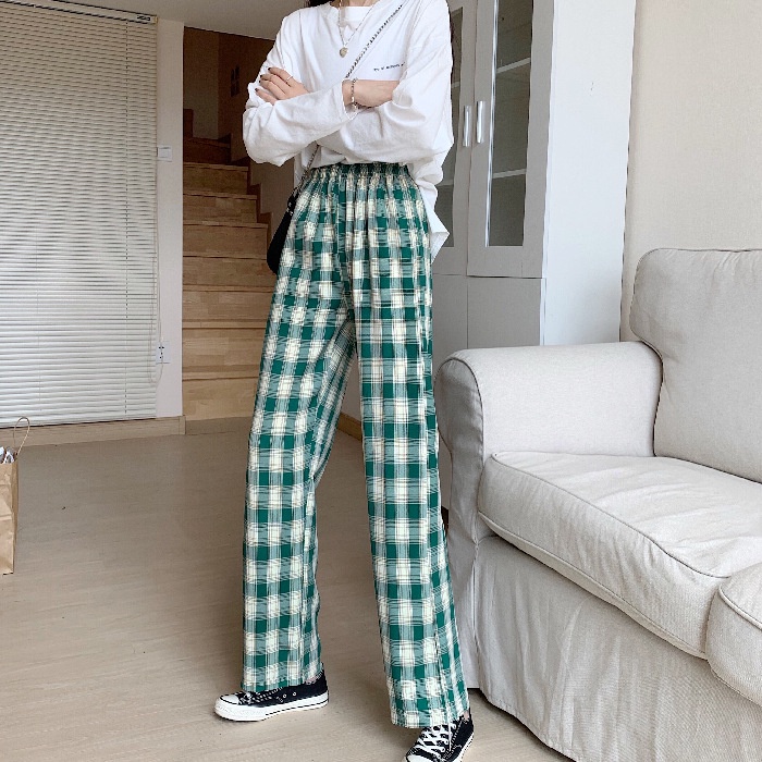 Plaid Pants Women's Early Autumn Loose 2020 New Thin Straight Vertical High Waist Slim Mop Wide Leg Casual Pants