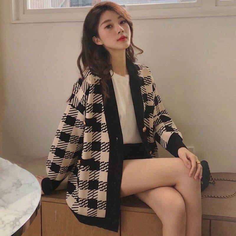 áo len cadigan kẻ ô dáng dài hàng qccc