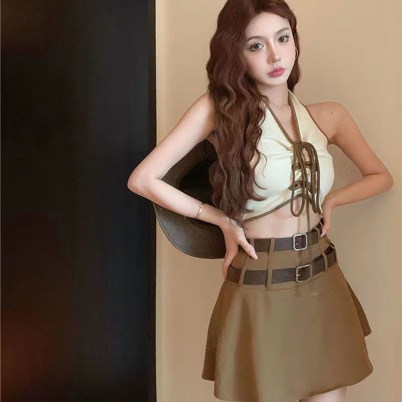 Jiashucheng Bộ Áo Hai Dây Cổ Yếm + Chân Váy Lưng Cao Ôm Dáng Thời Trang Mùa Hè Ngọt Ngào Cho Nữ