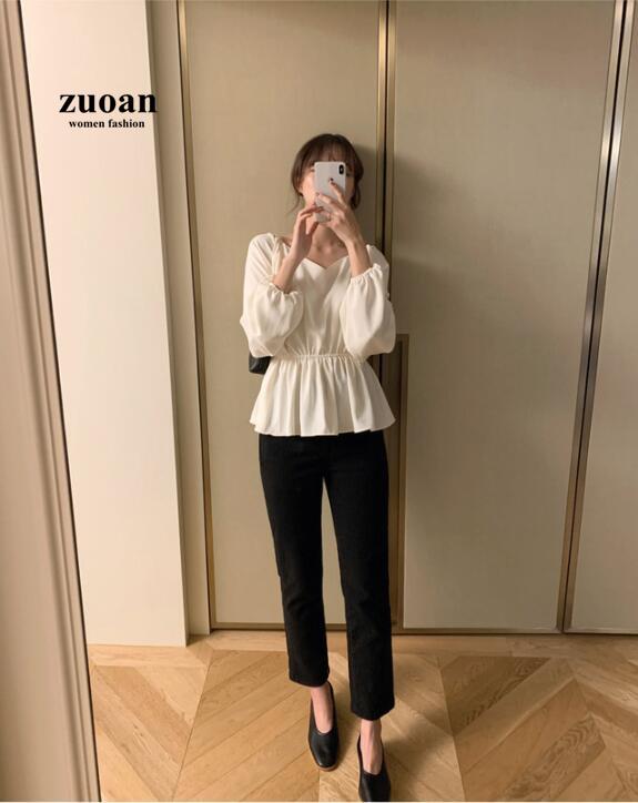 SUXI Áo Sơ Mi Tay Dài Cổ Chữ V Màu Trơn Thiết Kế Đơn Giản Phong Cách Hàn Quốc