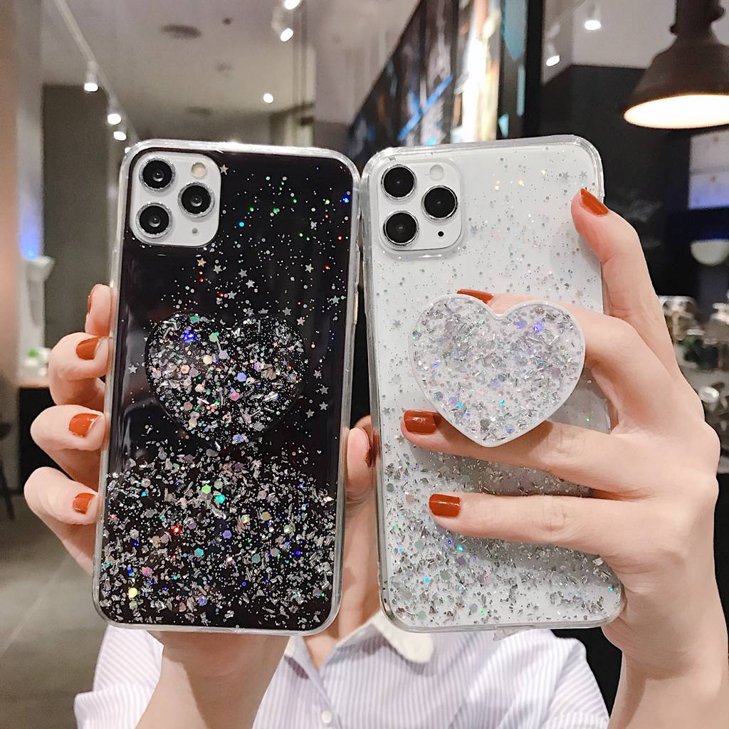 Huawei P40 Pro Plus Nova 3i 7 SE 5 Y5P Honor 30 Pro 30S Play 3 Glitter Silver Foil Love Heart TPU Phone Covers Bling Stars Starry Sky Soft Casing With Stand Holder