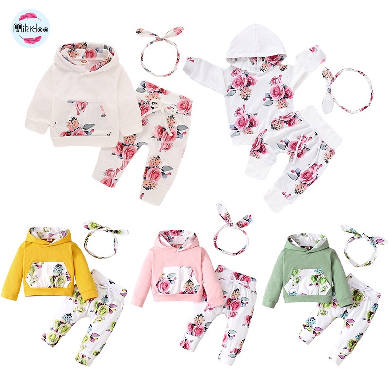 Set Áo hoodie Tay Dài + Quần Dài + Băng Đô Thời Trang Mùa Thu Cho Bé Gái Sơ Sinh