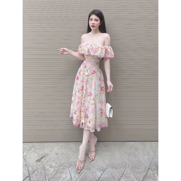 Váy Maxi Trễ Vai Nhún Eo Tôn Dáng