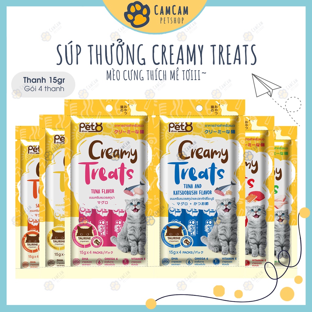 Súp thưởng cho mèo Creamy Treats Pet8 Gói 4 thanh - Súp kem thưởng Pet8, Snack cho mèo dạng soup