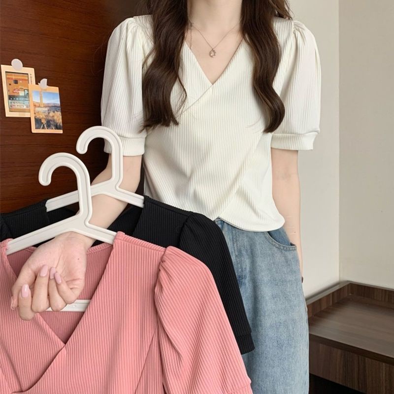 Áo Sơ Mi Ngắn Tay Cổ Chữ V Thiết Kế Chéo Thanh Lịch Phong Cách Mới Mùa Hè Cho Nữ