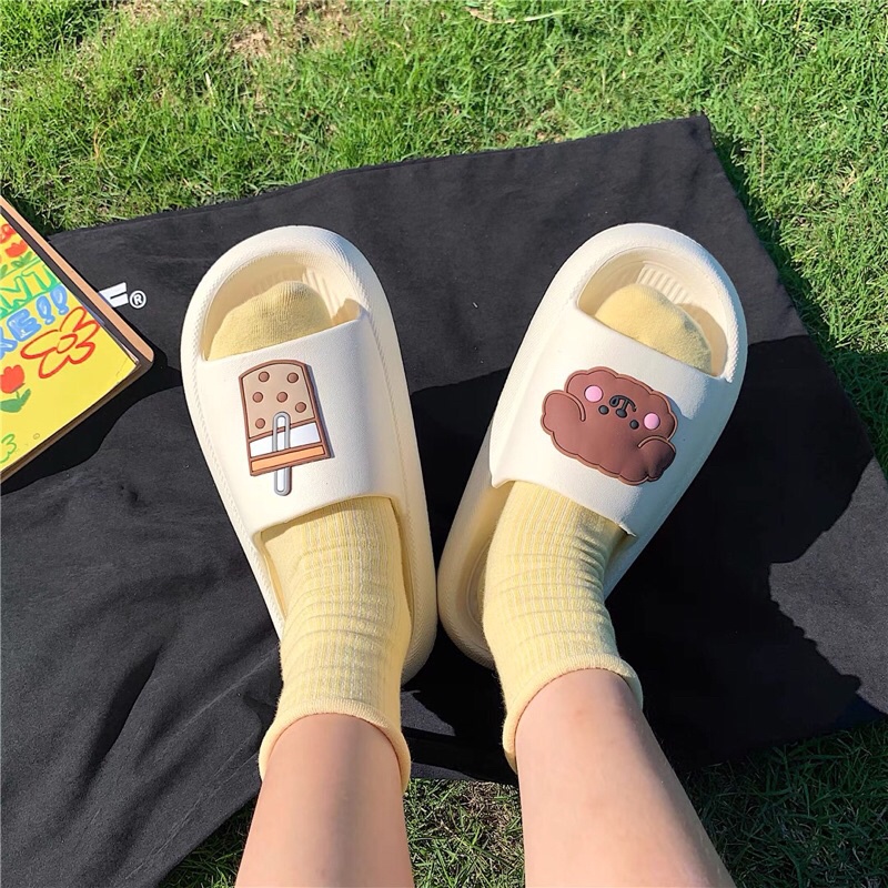 Dép bánh mì hoạt hình gấu và trà sữa dễ thương cho nữ  đế cao chống trơn trượt kèm ảnh thật