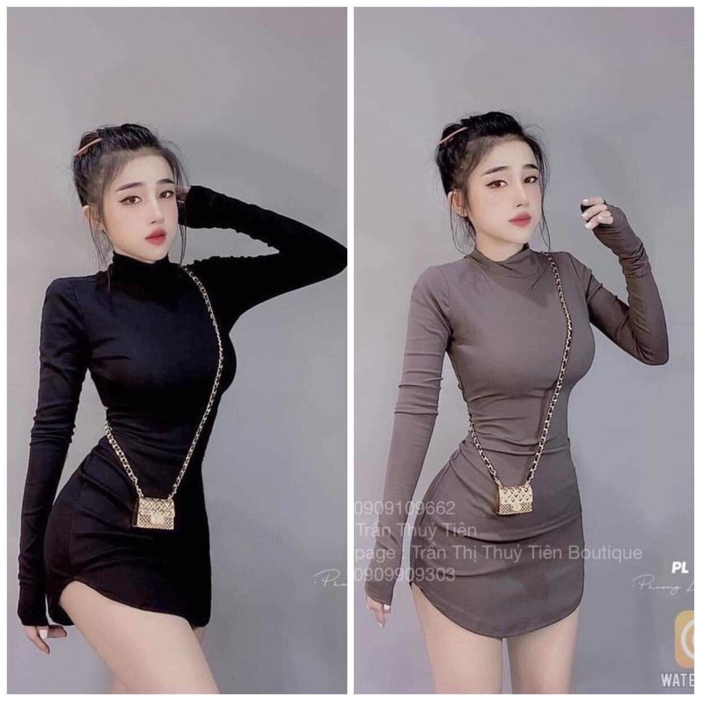 váy body dáng ngắn, tay dài tà lượn gợi cảm lên form rất chuẩn ạ