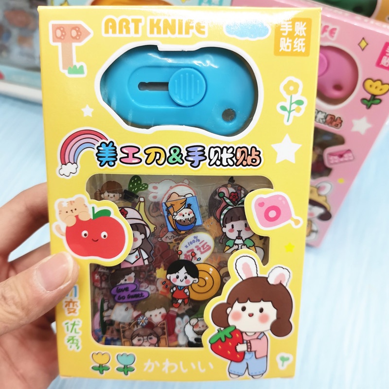 Set 10 Tấm Sticker Dán Cute, Nhựa PVC Trong Suốt, Tặng Kèm Dao Rọc Giấy