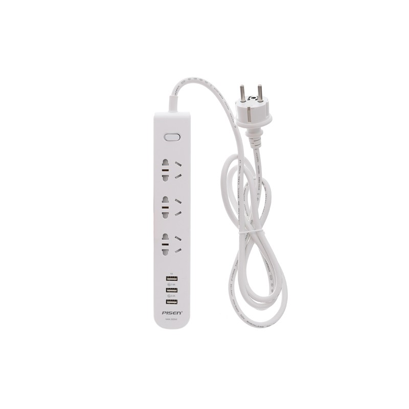 Ổ cắm điện 3 lỗ 3 USB 1.8m Pisen 303 Trắng