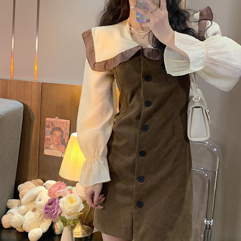 Đầm tay dài giả hai lớp phong cách retro thời trang mùa đông 2021 dành cho nữ