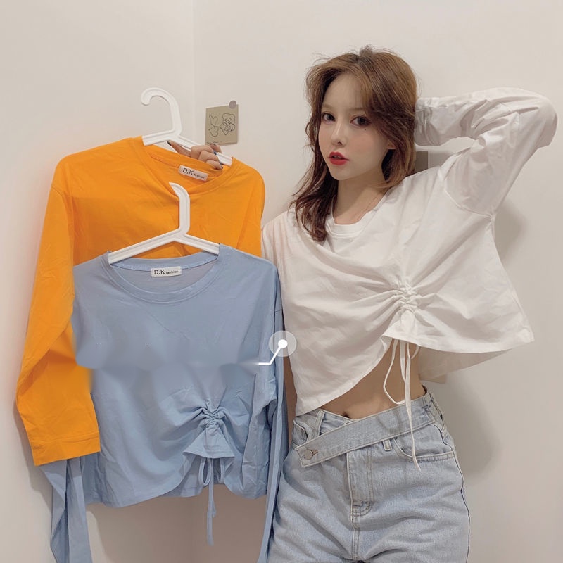 Áo crop top tay dài dáng rộng màu trơn cột dây cổ thuyền đơn giản có size lớn hàng mới dành cho bạn nữ