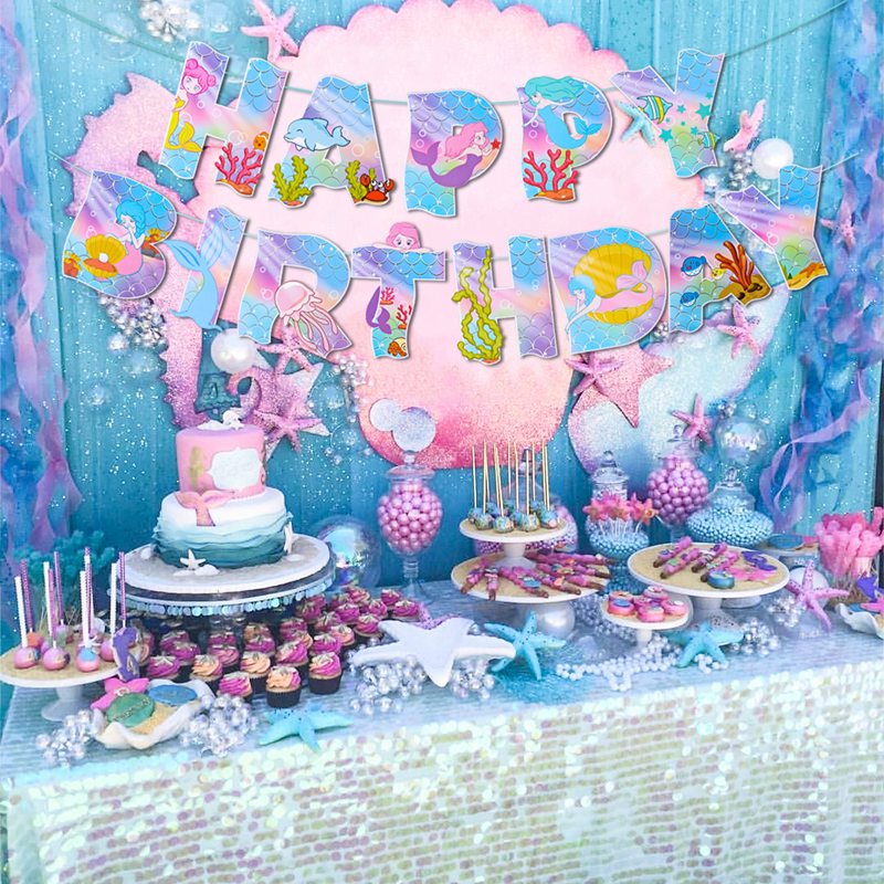 Bộ Dây Banner Trang Trí Sinh Nhật 1 Tuổi Hình Vỏ Sò/Bạch Tiên Cá Dành Cho Bé