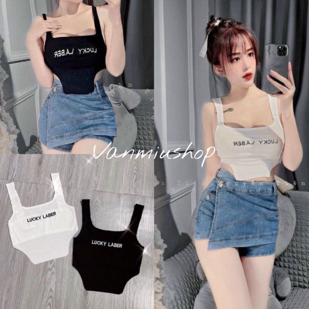 Áo thêu chữ kiểu dáng croptop chất thun tăm co dãn hai dây vanmiushop
