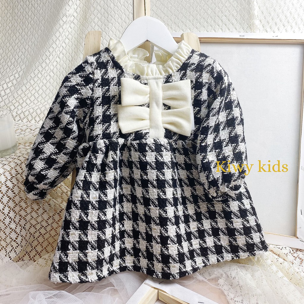 Váy dạ Tweed bé gái KIWY KIDS12 dáng xòe ngắn phối nơ cho bé từ 3 tháng đến 1 tuổi
