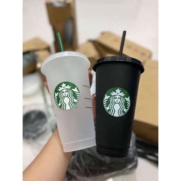 Ly uống nước họa tiết Starbucks bằng nhựa trong suốt 700ml có nắp đậy và ống hút chất lượng cao