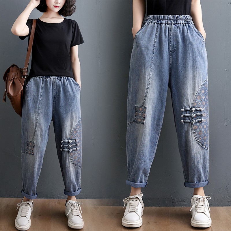 (Q019) Quần jean xanh nữ bigsize phối hoạ tiết thổ cẩm cá tính (đủ size từ 40-75kg)
