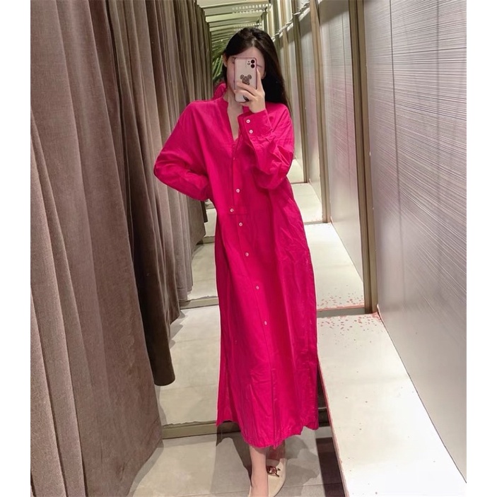 Đầm sơ mi tay dài dáng dài màu nổi hàng ZA chất cotto