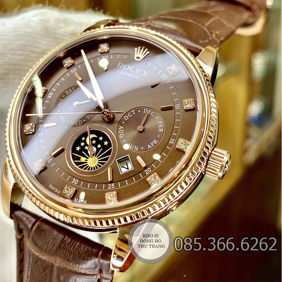 Đồng hồ nam Rolex cơ Automatic máy Nhật Mẫu 6 kim nâu cafe dây da size 40-41mm