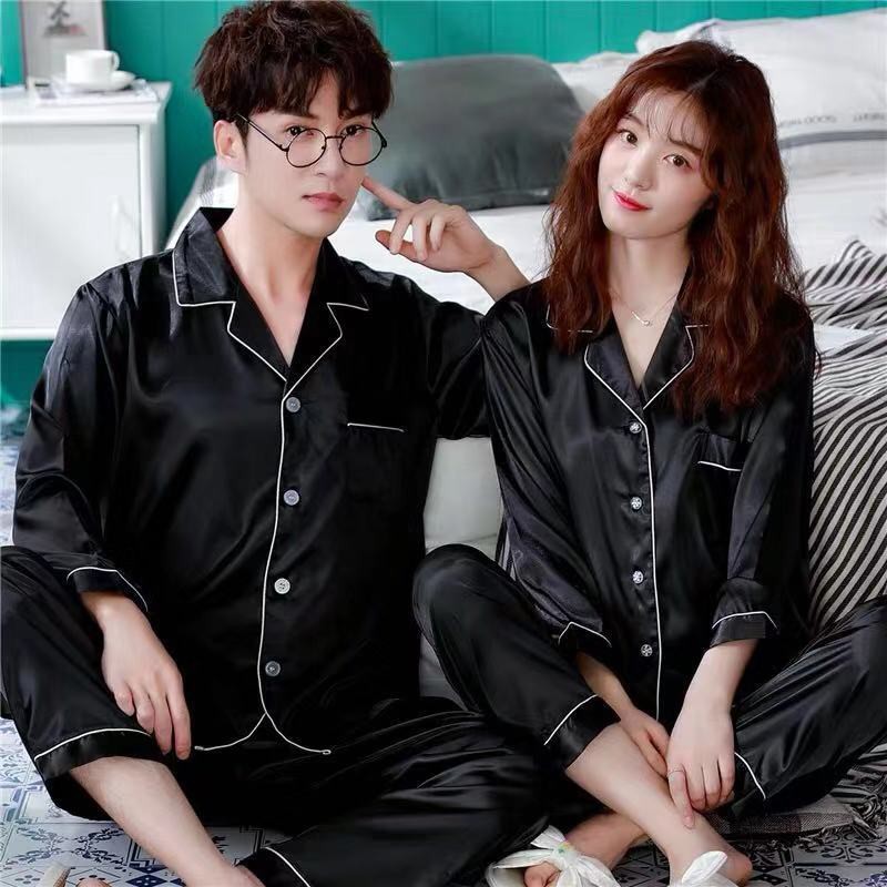 Đồ ngủ & Đồ mặc nhà✐♕☢Bộ đồ ngủ đôi Hàn Quốc, lụa nhân tạo mỏng mùa hè cho nữ, quần dài tay nam, mặc nhà thu gợi