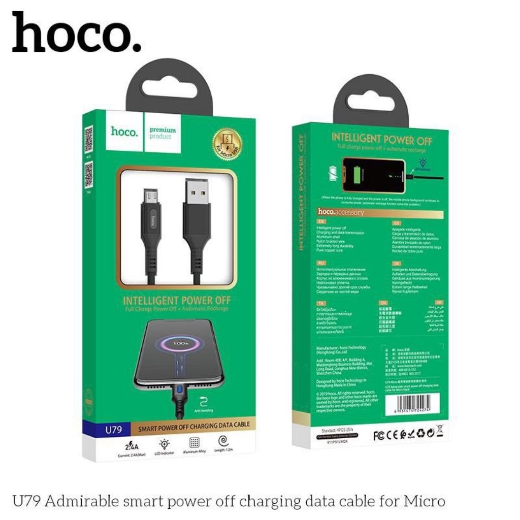 Dây sạc tự ngắt Hoco U79 1m2 chính hãng cáp sạc nhanh cho cổng điện thoại micro type c