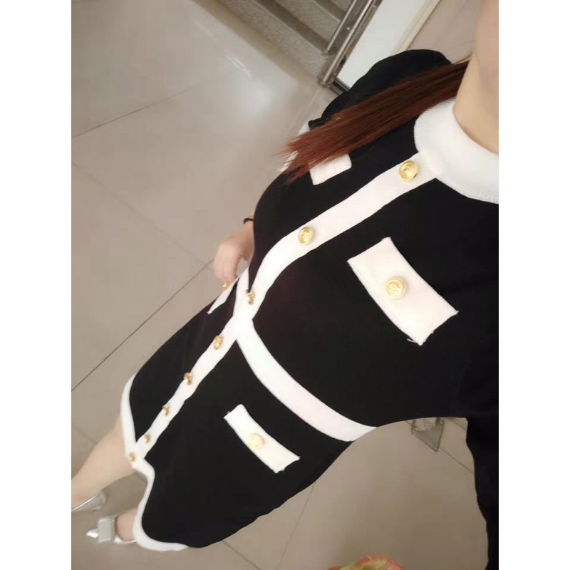 Váy len cúc body viền trắng đen